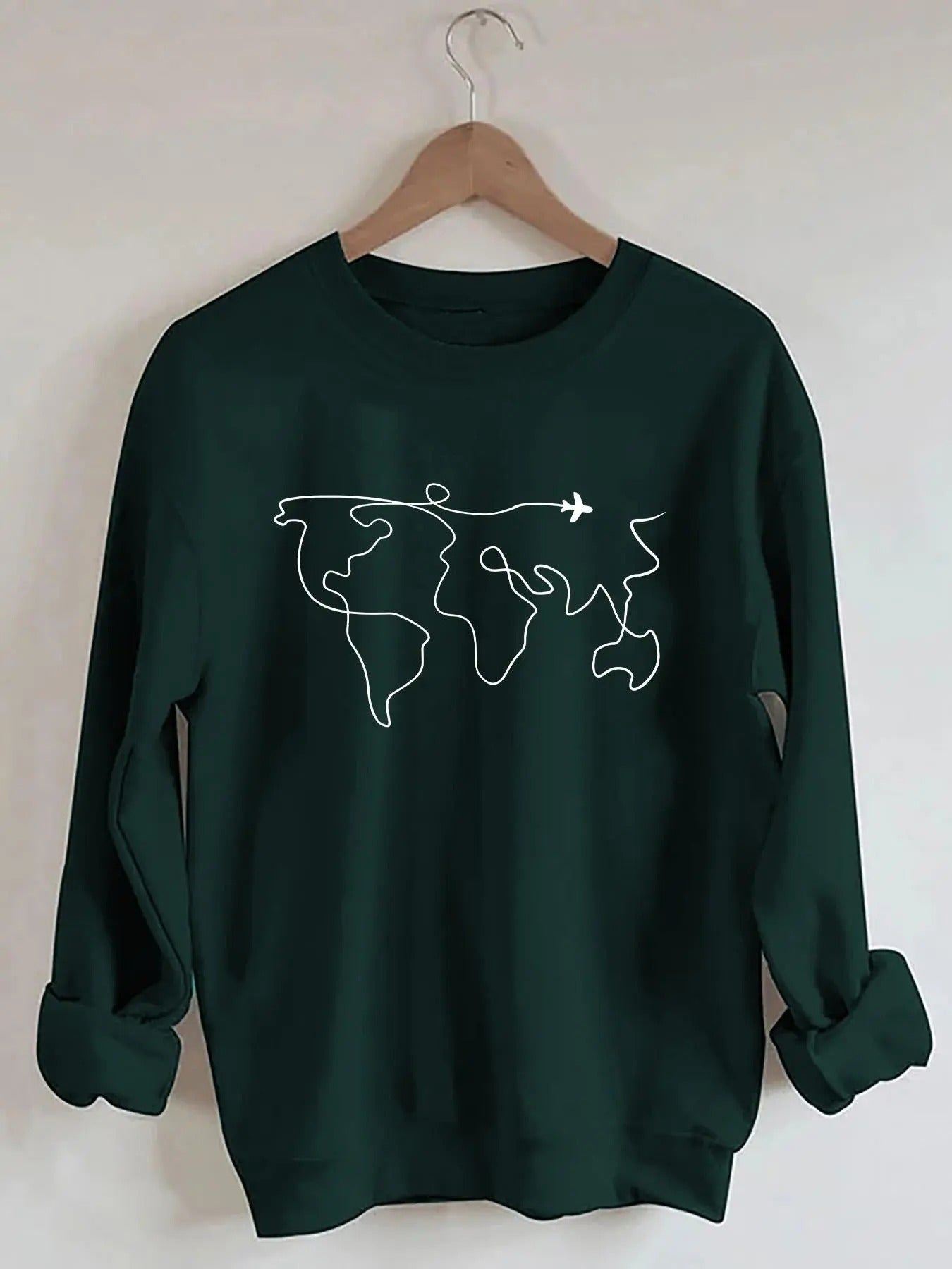 Women's World Map & Plane Print Drop Shoulder Sweatshirt, Casual Long Sleeve Round Neck Pullover for Daily Wear, Ladies...