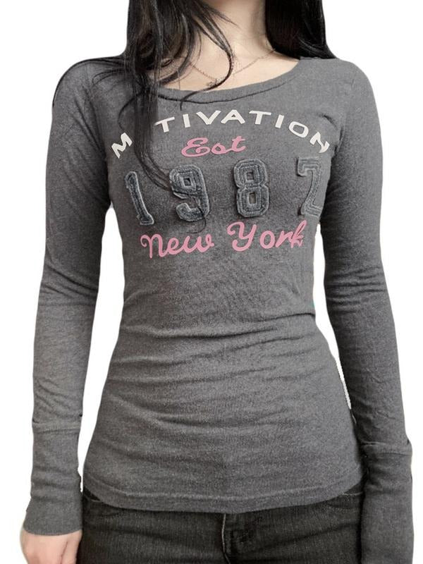 Women's Y2K Long Sleeve Letter Print T-Shirt, Casual Round Neck Top for Fall & Winter, Cute Basic Layering Tee for Daily...