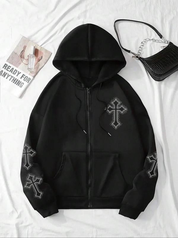 Women's Y2K Street Style Loose Hooded Cardigan Sweatshirt, Cross Print Winter Fashion, Casual Thick Fabric, Trendy Choice...