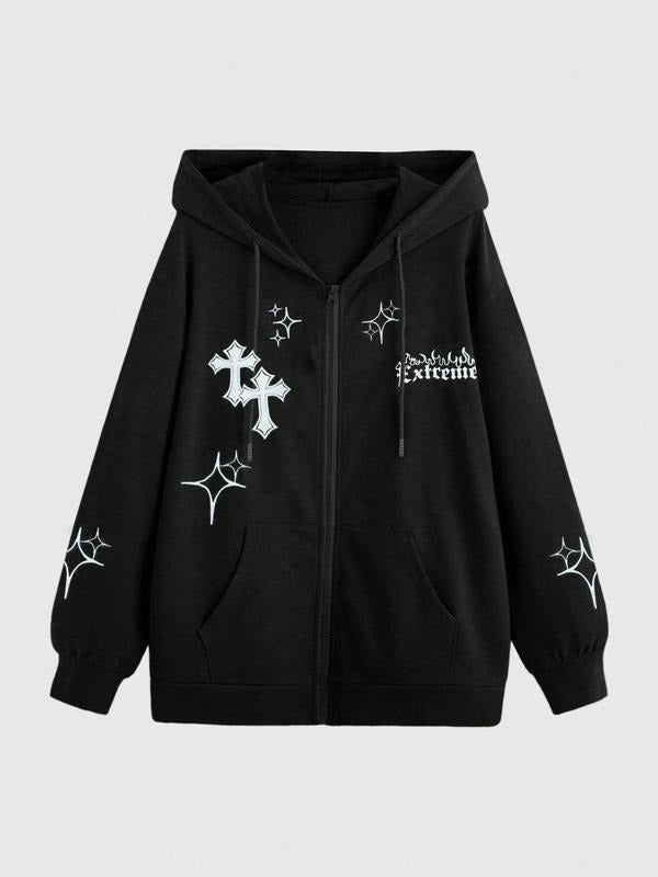 Women's Y2K Street Style Loose Hooded Cardigan Sweatshirt, Cross Print Winter Fashion, Casual Thick Fabric, Trendy Choice...