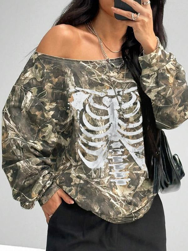 Women's Y2K Style Long Sleeve T-Shirt, Floral Plant Print, Asymmetrical Shoulder Design, Casual Fashion Top for Daily...