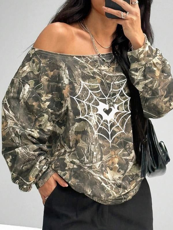 Women's Y2K Style Long Sleeve T-Shirt, Floral Plant Print, Asymmetrical Shoulder Design, Casual Fashion Top for Daily...