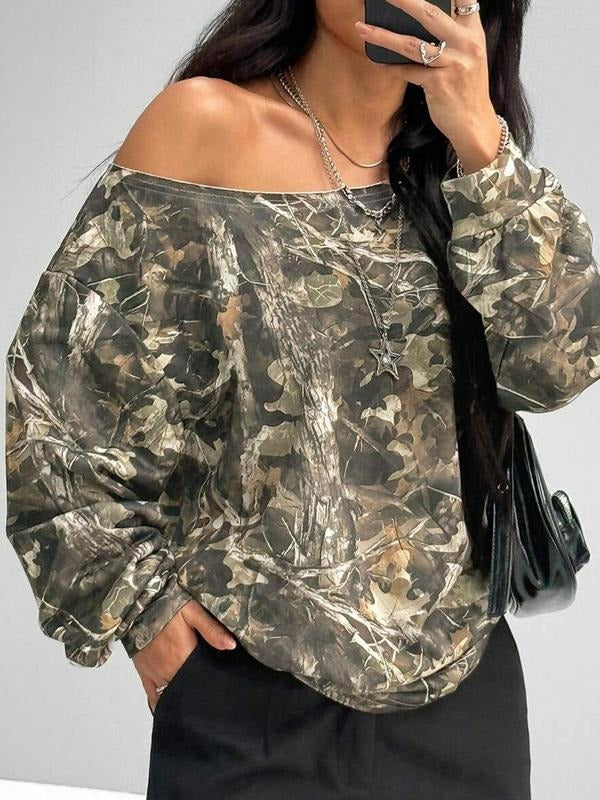Women's Y2K Style Long Sleeve T-Shirt, Floral Plant Print, Asymmetrical Shoulder Design, Casual Fashion Top for Daily...