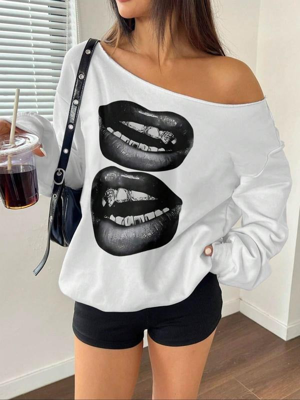 Women's Y2K Style Off-Shoulder Long Sleeve Sweatshirt, Casual Fashion Print Top, Perfect for Daily Wear style 04...
