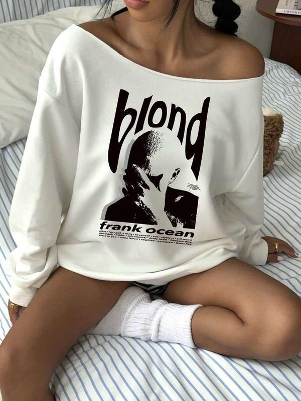 Women's Y2K Style Off-Shoulder Long Sleeve Sweatshirt, Casual Fashion Print Top, Perfect for Daily Wear T-Shirts, Hoodie