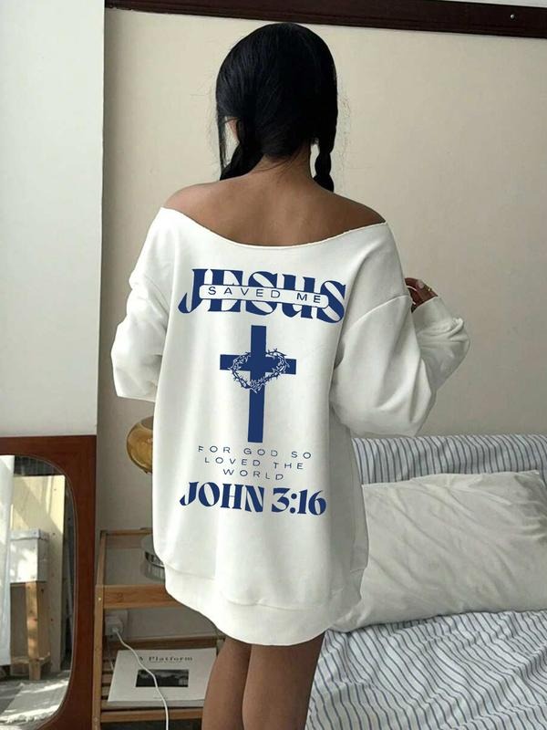 Women's Y2K Style Off-Shoulder Long Sleeve Sweatshirt, Cross Letter Print, Fitted Design, Fall & Winter Fashion T-Shirts,...