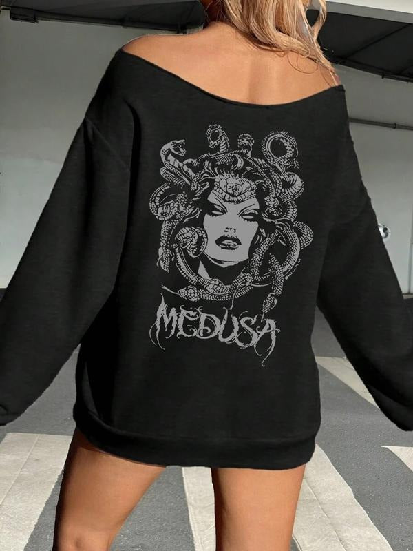 Women's Y2K Style Off-Shoulder Long Sleeve Sweatshirt, Fashionable Print Design, Perfect for Fall & Winter Wear style 05...