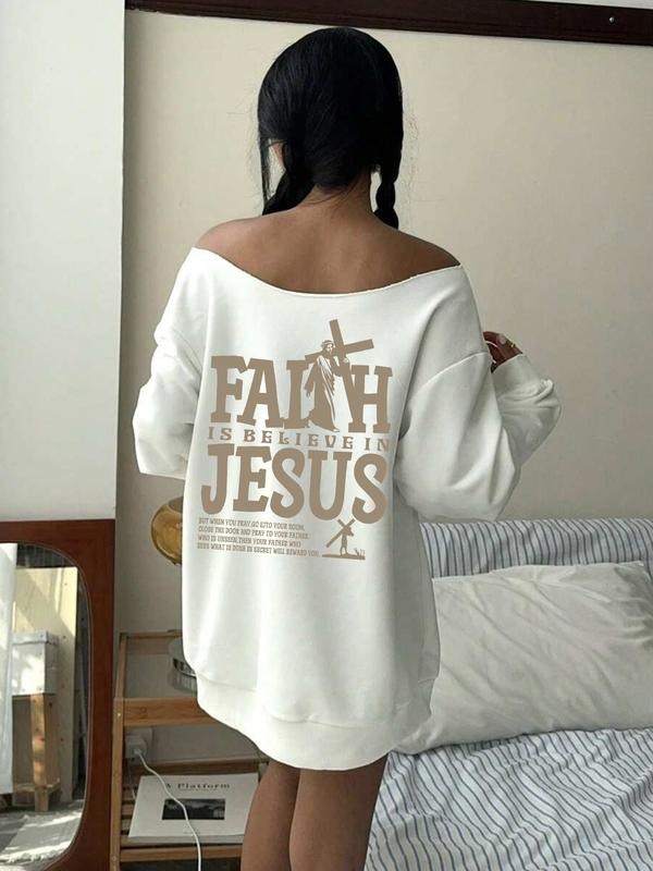 Women's Y2K Style Off-Shoulder Long Sleeve Sweatshirt, God Letter Print, Fashionable &, Perfect for Daily Wear T-Shirts,...