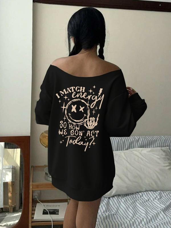 Women's Y2K Style Off-Shoulder Long Sleeve Sweatshirt, Letter Print, Fashionable & Versatile, Perfect for Daily Wear...