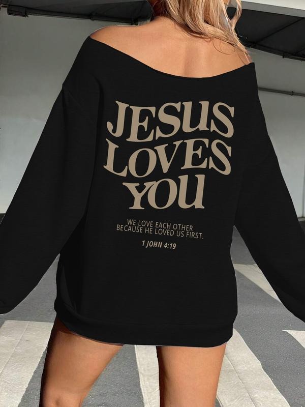 Women's Y2K Style Off-Shoulder Long Sleeve Sweatshirt, Letter Print, Fashionable & Versatile, Perfect for Daily Wear...