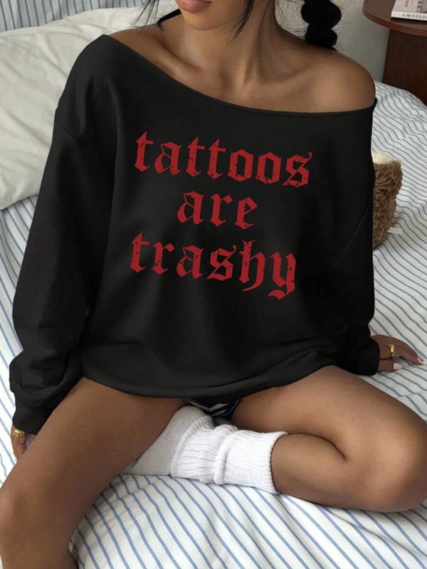 Women's Y2K Style Off-Shoulder Long Sleeve Sweatshirt, Letter Print, Fashionable & Versatile, Perfect for Daily Wear...