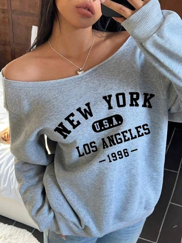 Women's Y2K Style Off-Shoulder Long Sleeve Sweatshirt, Letter Print, Fashionable & Versatile, Perfect for Daily Wear...
