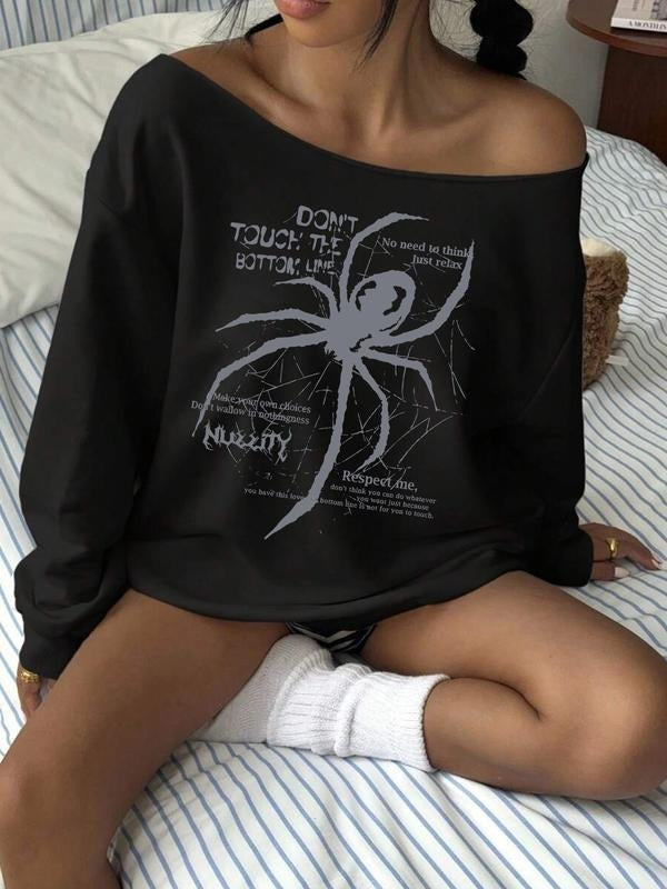 Women's Y2K Style Off-Shoulder Long Sleeve Sweatshirt, Spider Print, Fashionable & Versatile, Perfect for Daily Wear...