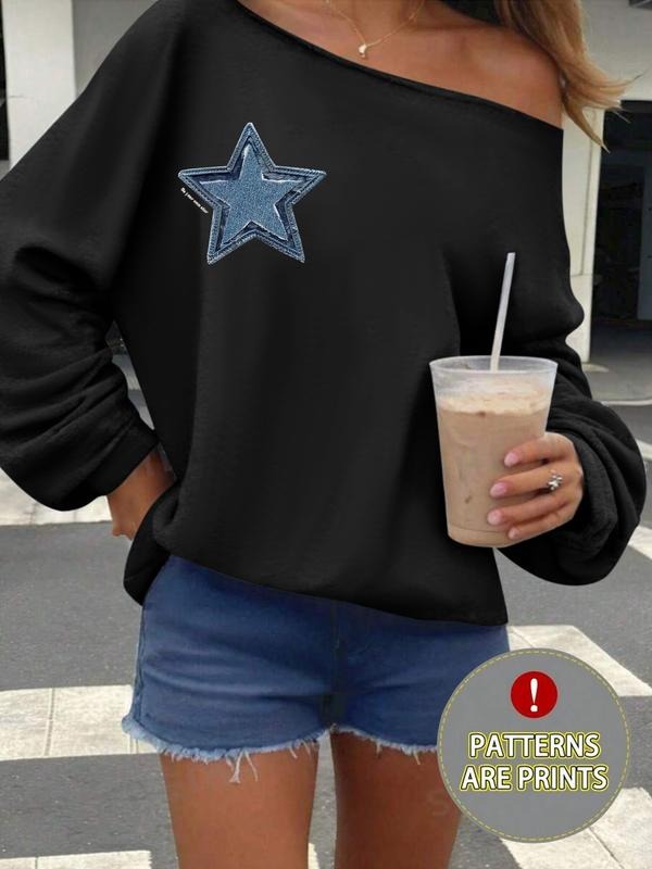 Women's Y2K Style Off-Shoulder Long Sleeve Sweatshirt, Star Print, Fashionable Shoulder Design, Versatile &, Daily Wear...