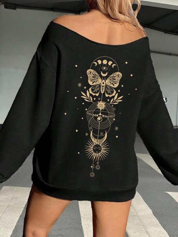 Women's Y2K Style Off-Shoulder Long Sleeve Sweatshirt, Vintage Print, Fashionable Shoulder Design, Perfect for Daily Wear...