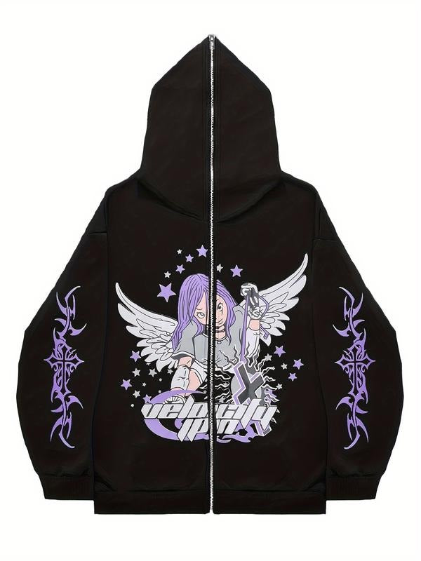 Women's Y2K style hooded sweatshirt, casual long sleeved zipper sweatshirt, cartoon pattern print, Spring and Autumn...