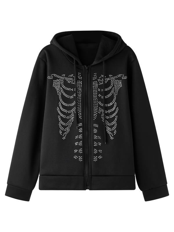 Women's Y2K style hooded sweatshirt, casual long sleeved zipper sweatshirt, skull pattern print, Spring and Autumn...