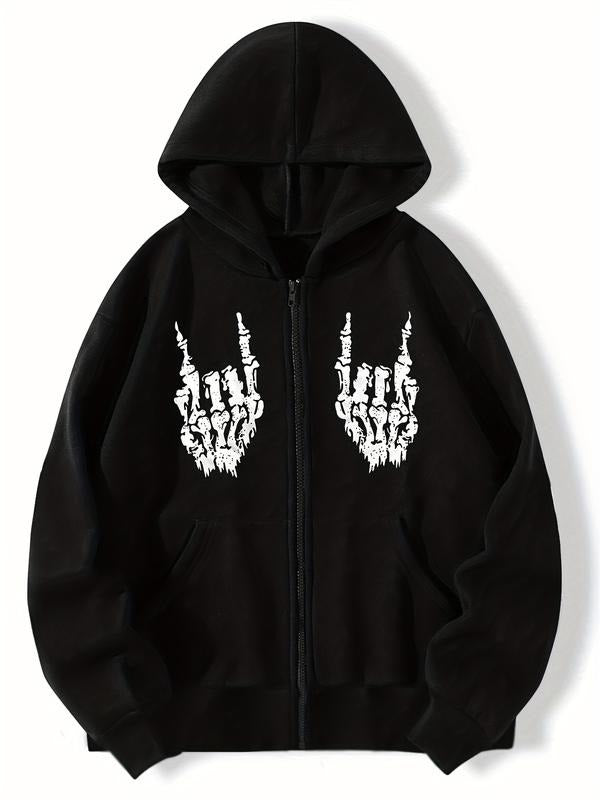 Women's Y2K style hooded sweatshirt, casual long sleeved zipper sweatshirt, skull pattern print, Spring and Autumn...