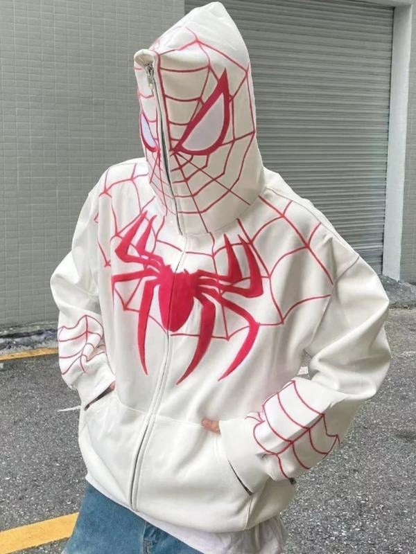 Women's Y2K style hoodie, casual long sleeved zipper knit sweatshirt, spider print pattern, spring and autumn fashion...