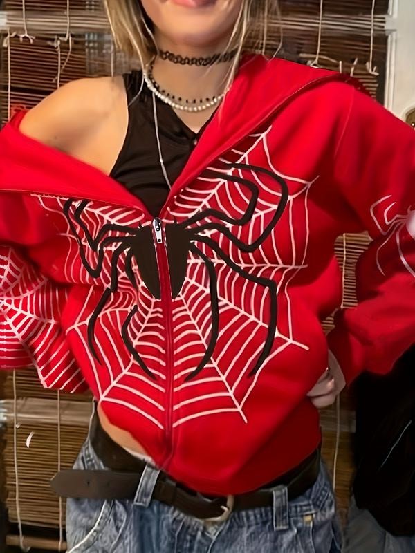 Women's Y2K style hoodie, casual long sleeved zipper sweatshirt, spider print pattern, spring and autumn fashion style...