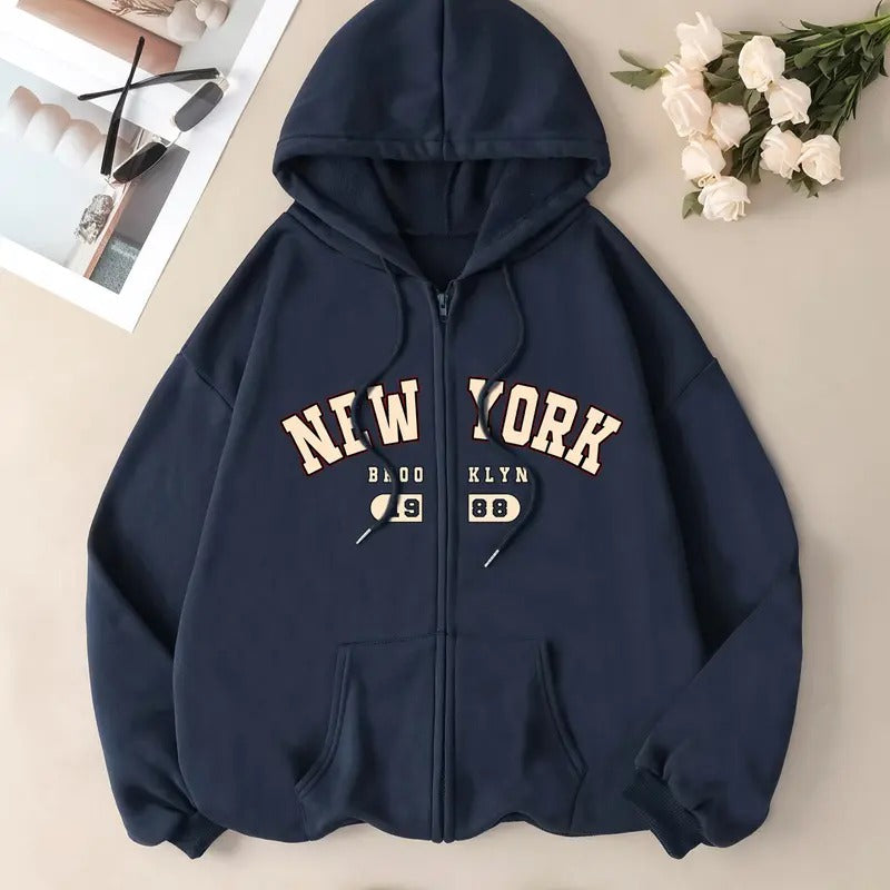 Women's Zip Up Hoodies Letter Print Drawstring Long Sleeve Sweatshirt Jacket with Pocket T-Shirts | HypeCrazeTee.com