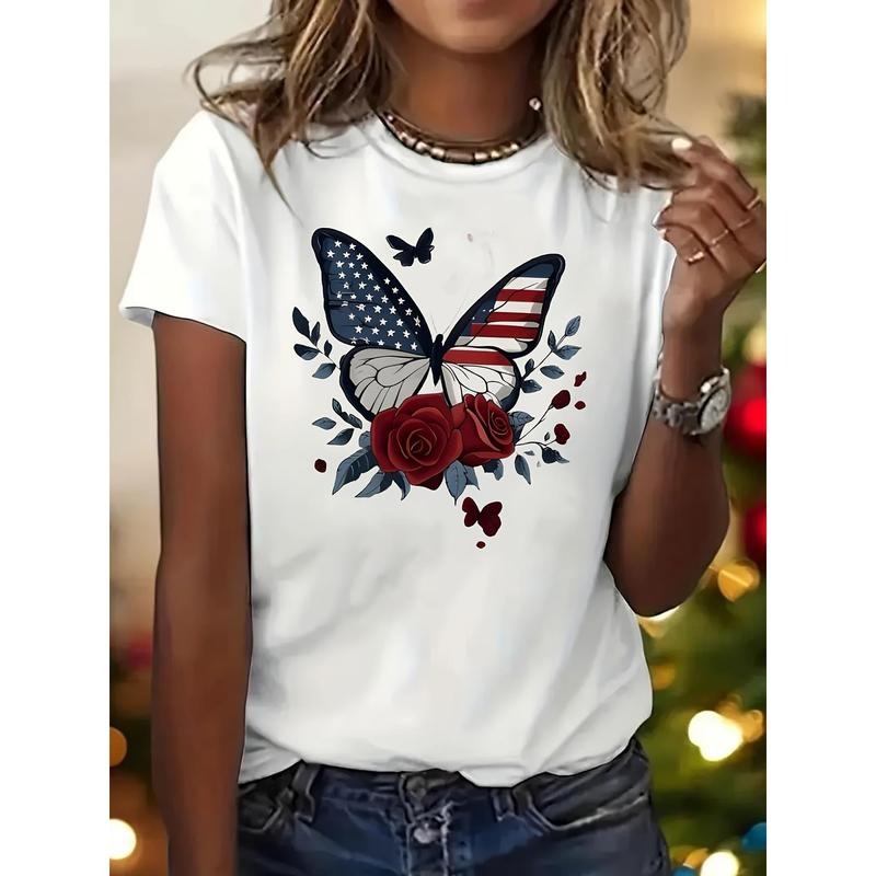 Women's white T-shirt Butterfly Graphic Print T Shirt High Quality Casual Short Sleeves Round Neck Comfortable Classic...
