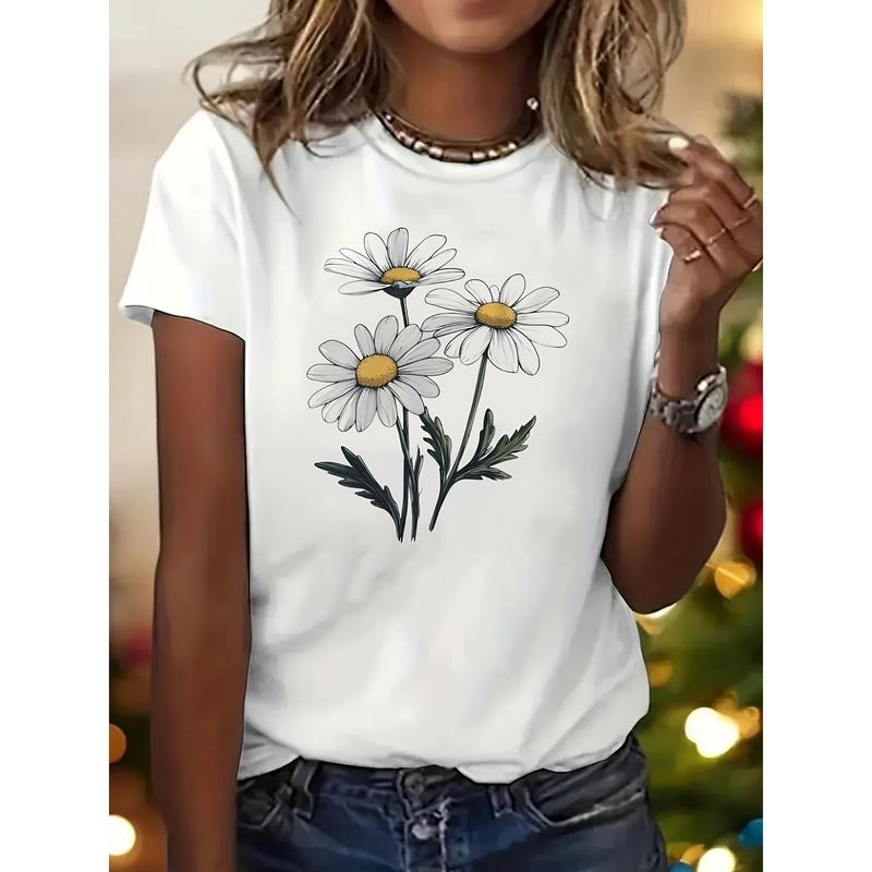 Women's white T-shirt Daisy printed T Shirt High Quality Casual Short Sleeves Round Neck Comfortable Classic Fit Gift...