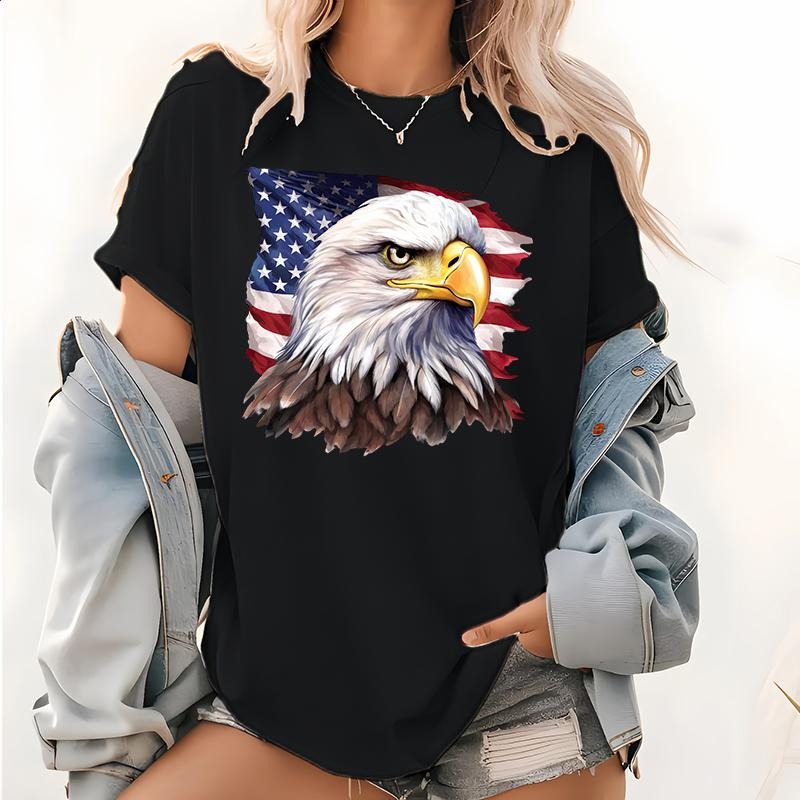 Womens American Flag July 4th Patriotic Print T-shirt, Eagle Design Short Sleeve Tops, Patriotic Tee Hoodie, Sweatshirt