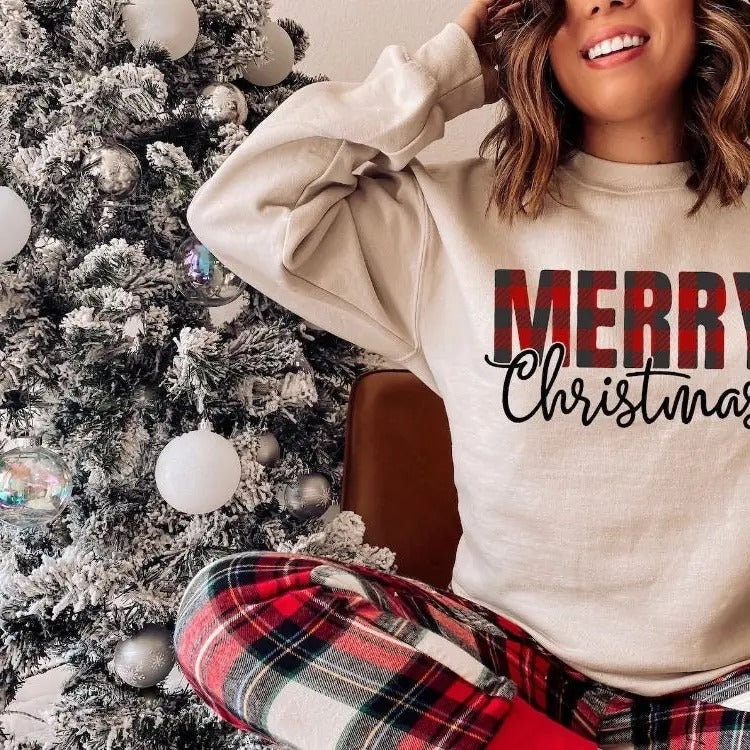 Womens Christmas sweatshirt, Christmas Outfit, Buffalo Plaid shirt, Christmas Sweater, Christmas sweatshirt, Xmas pajamas...
