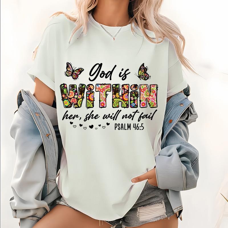 Womens God Is Within Her She Will Not Fail Print T Shirt, Christian Short Sleeve Tops, Catholic Tee, Love Faith and Jesus...