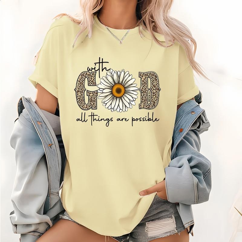 Womens Print T-shirts, With All Things Are Possible With God Tops, Faith T Shirts, Christian Shirts, Religious Gift...