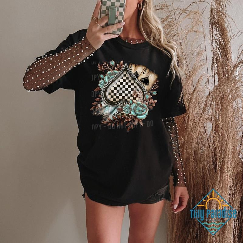 Womens western ace of spades shirt featuring a trendy checkered spade graphic with turquoise rose accents for a...