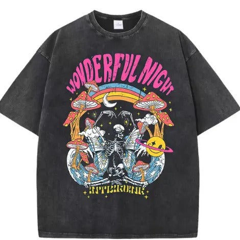 Night Skeleton Butterfly Wave Print Tops Street Loose Wash Menswear Underwear T-Shirts, Hoodie, Sweatshirt