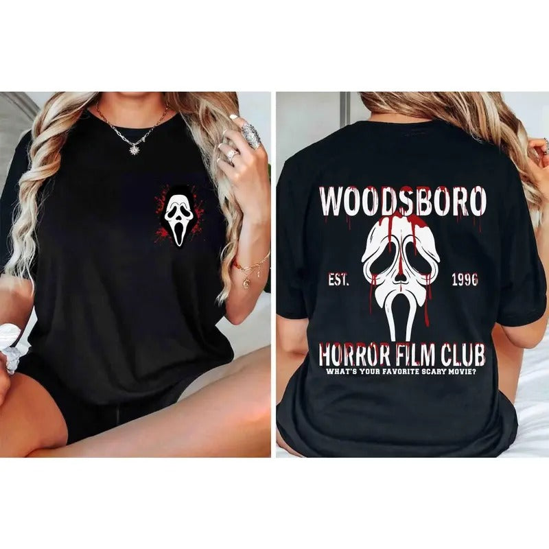 Woodsboro Film Club Sweatshirt, Halloween Ghostface Vintage Tee Shirt, Scary Movies Halloween T-Shirt, Halloween...
