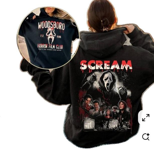 Woodsboro Horror Film Club 2 Sided Sweatshirt, Ghostface Shirt, Scary Halloween Hoodie, Woodsboro Scream Shirt, Scream...