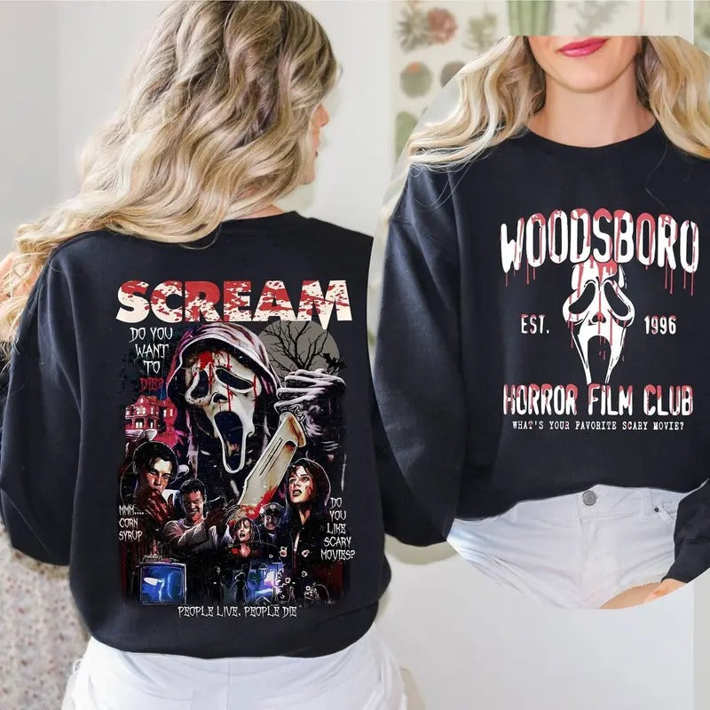 Woodsboro Horror Film Club Halloween Ghost Face Horror Ghostface Halloween Halloween Ghostface Vintage Shirt Ghostface Shirt Halloween Horror Characters Best Halloween Both Sides Printed T-Shirts, Hoodie, Sweatshirt