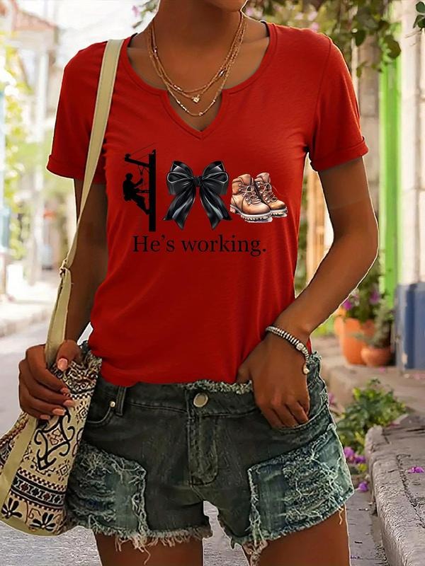 Worker Climbing Pole Silhouette T-Shirt, Bow Design, Casual Summer Short Sleeve V Neck Top for Women, Trendy Fashion Tee...