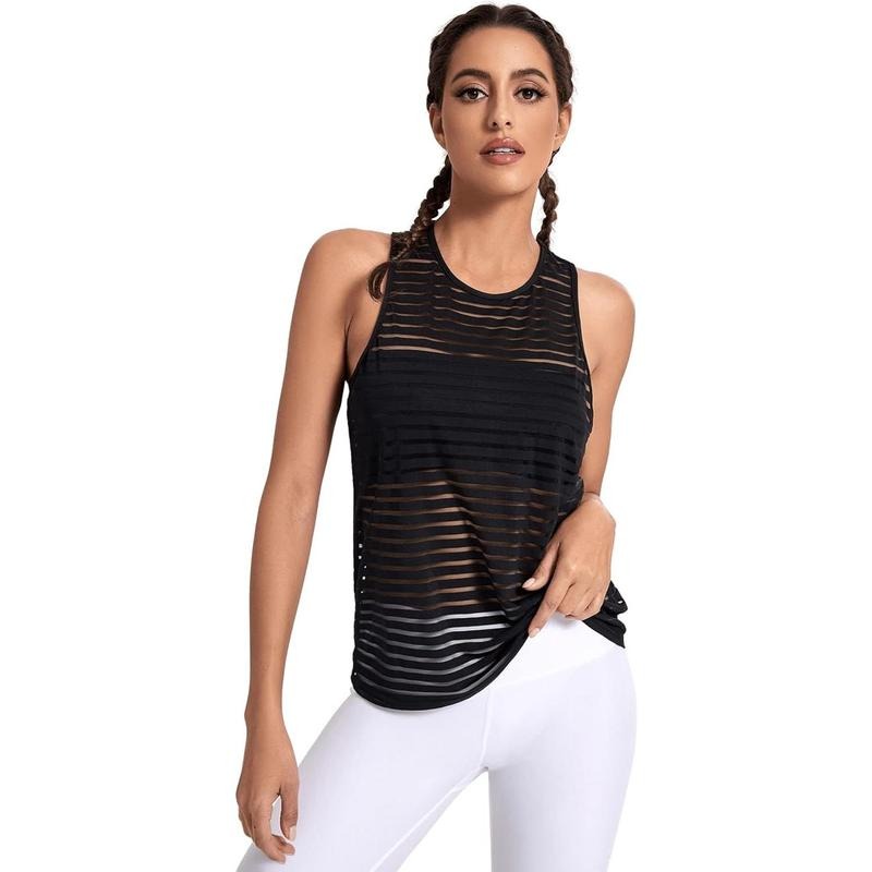 Workout Yoga Tops Sheer Mesh Gym Exercise Shirts Flowy Tank Top Hoodie, Sweatshirt | HypeCrazeTee.com