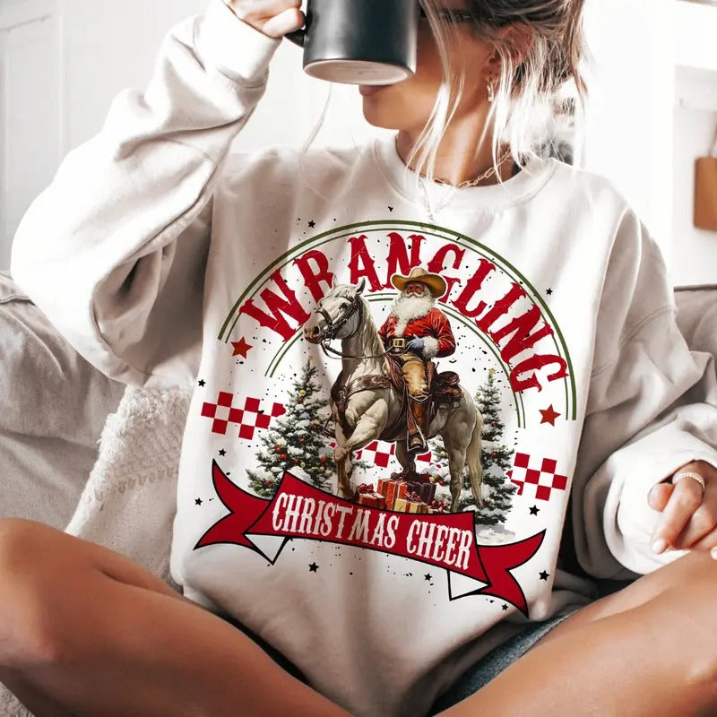 Wrangling Western Christmas Cheer Unisex Crewneck SweatShirt, Christmas Santa Claus Riding Horse, Cowboy, Cowgirl...