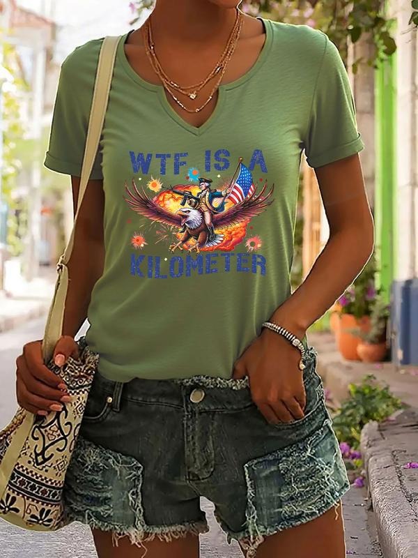 Wtf Is a Kilometer Letter Print T-Shirt, Trendy Casual Summer Short Sleeve V-Neck Top for Women, Fitted Stylish Ladies...