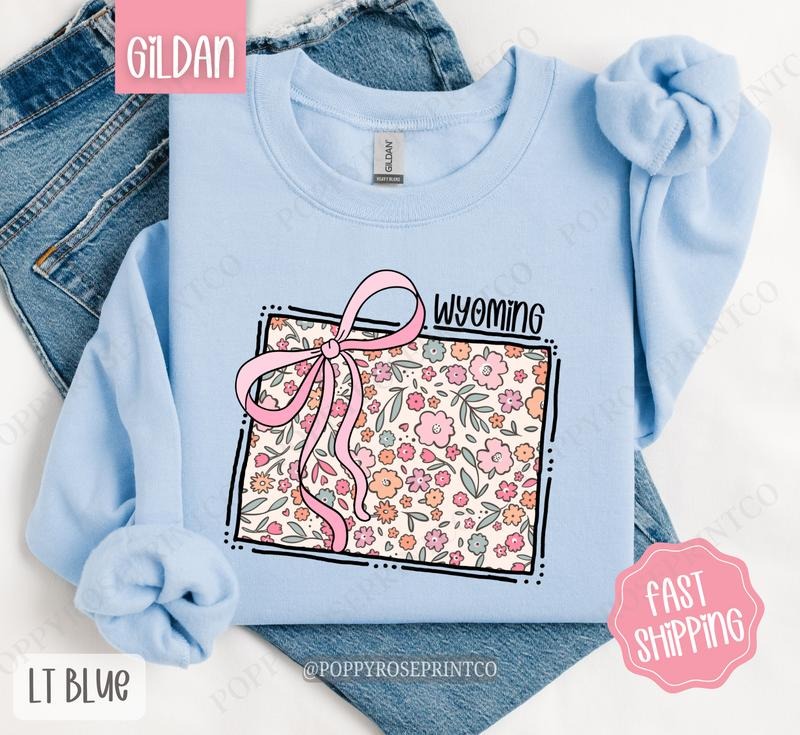 Wyoming Floral Bow Gildan Sweatshirt, Cute Trendy State Coquette Pullover T-Shirts, Hoodie | HypeCrazeTee.com