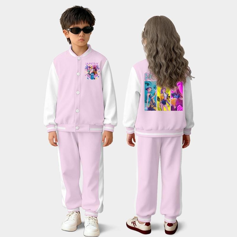 Young Girl's/Boy's KPOP Demon Hunters Y2K Graphic Baseball Jacket Set with Cartoon Design Fitted Activewear HUNTR/X...