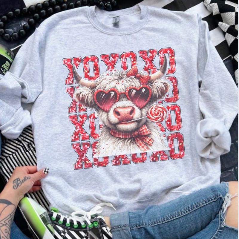 XOXO Highland Cow Valentine Day Sweatshirt - Ash Grey - Sublimation - Western - Unisex Jersey Sweatshirt T-Shirts, Hoodie