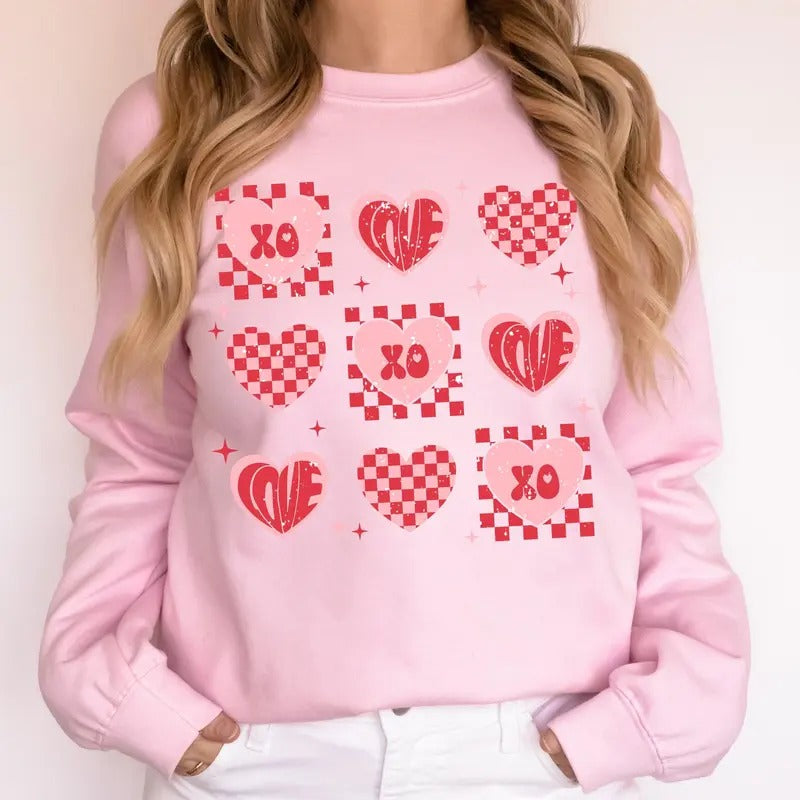 XOXO, Valentine's Day, Checkered, Retro, Love, Hearts Sweatshirt, Crew Neck, Women's, Crewneck, Valentine's Day, Love,...