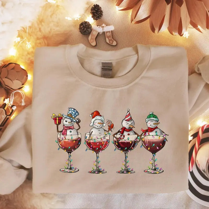 Xmas Wine Sweatshirt, Xmas Spirits Sweatshirt, Christmas Gift, W ine Lover Shirt, Snowmen Wine Shirt, Christmas Glasses...