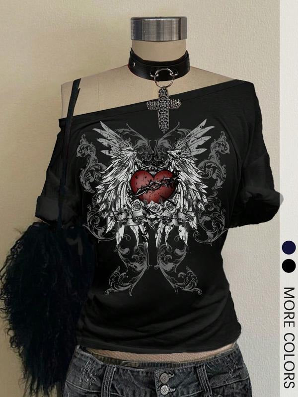 Y2K Grunge Off-Shoulder Fitted T-Shirt with Dark Romantic Winged Heart Design, Women's Alternative Fashion Top for Gothic...
