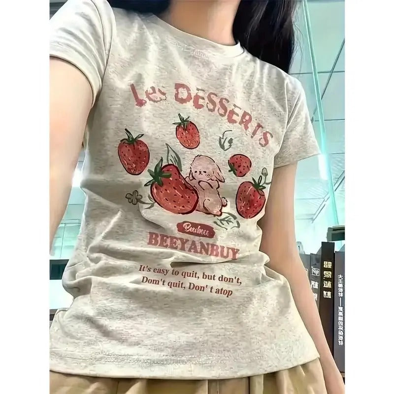 Y2K Summer New Cartoon Strawberry Harajuku Print T-shirt Short Sleeve Top Casual Women's Clothing Hoodie, Sweatshirt