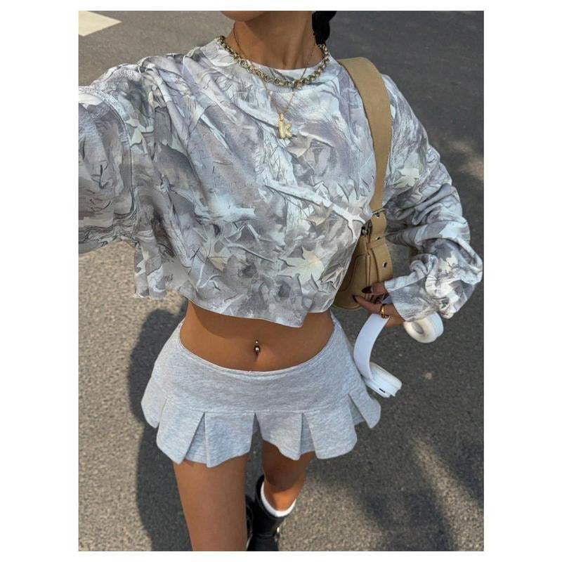 Y2k Camo Print Crop Crewneck Sweatshirt Long Sleeve Drop Shoulder Vintage Pullover Tops Casual Comfy T-Shirts, Hoodie