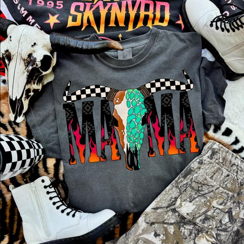 Yallternative Mama Stone Bull Skull shirt, vintage crewneck sweatshirts, western outfit women, cowgirl outfits, western...