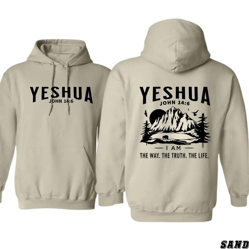Yeshua Hoodie - "I Am the Way, the Truth, the Life" with Mountain and John 14:6 Reference, Perfect for Christian...